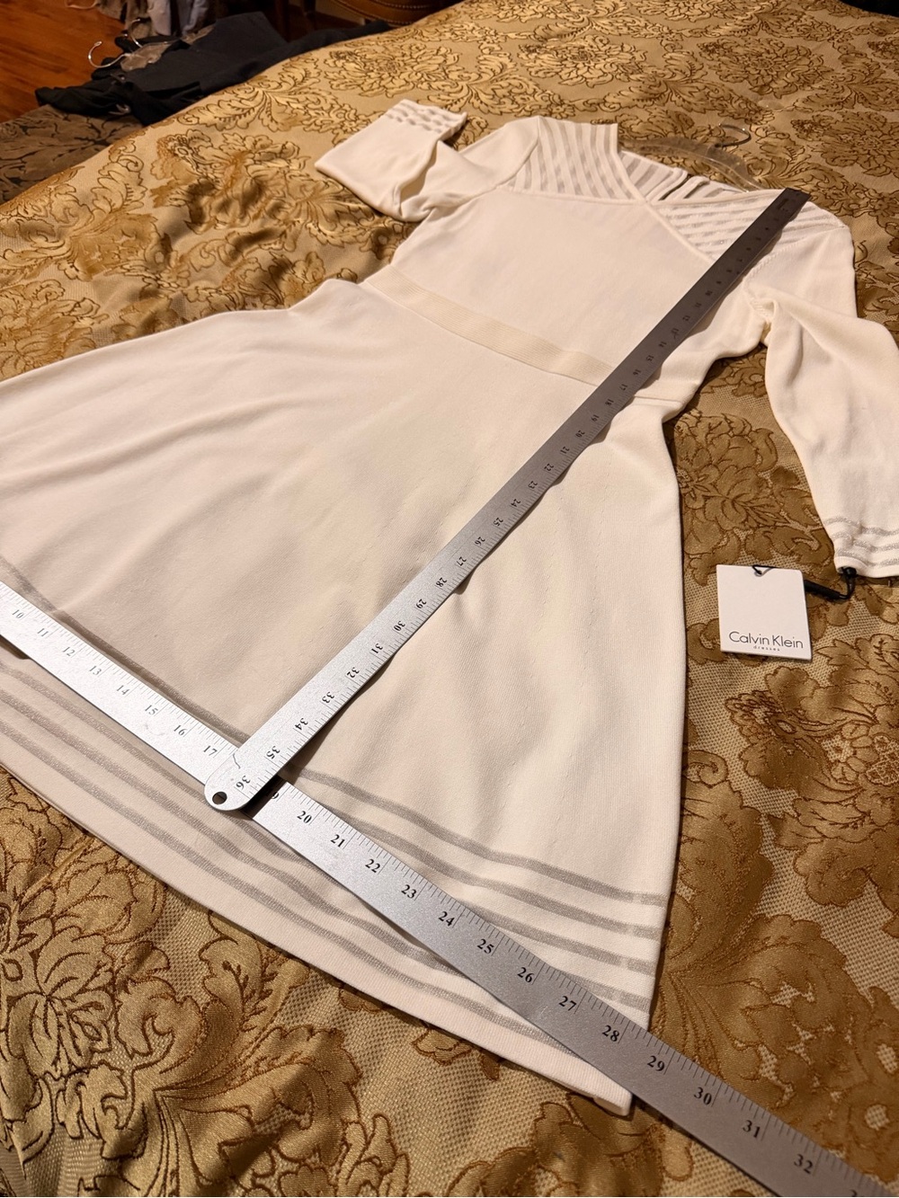 Calvin Klein Ivory Long-Sleeve Knit Fit & Flare Dress with Sheer details, Sz M - Picture 15 of 16